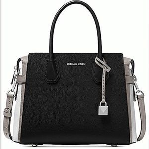 MICHAEL KORS •Mercer Small Tri-Tone Pebbled Leather Belted Satchel